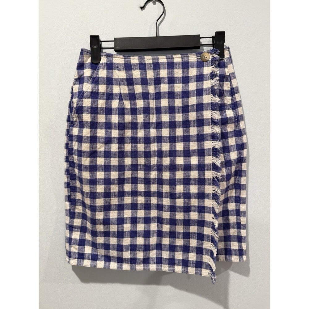 Lizsport 90s Picnic Plaid Wrap Skirt Womens 25** Blue Fringe Travel 100% Cotton